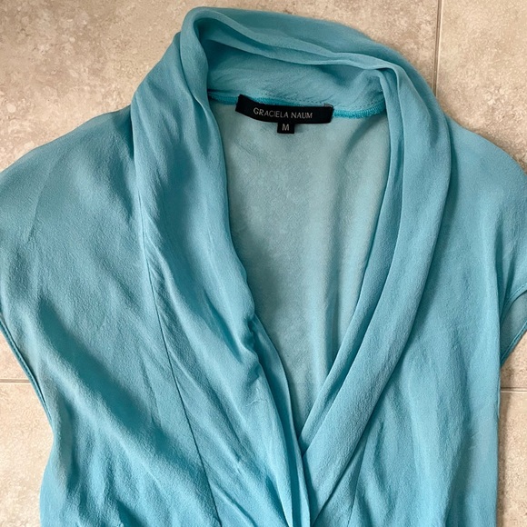 Sheer Silk Turquoise V-Neck Blouse, Women’s Size M - Picture 9 of 12